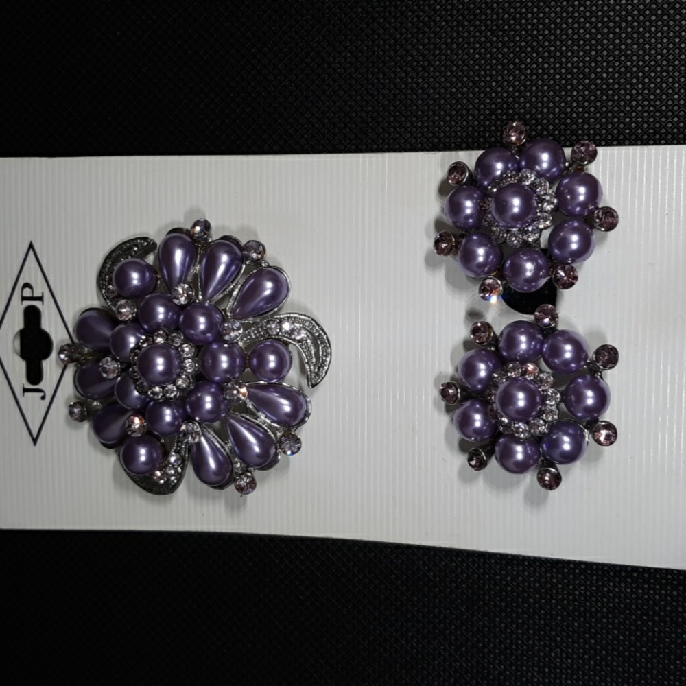 Faux Lavender/Silver Pearl & Crystal Brooch/Clip Earring Set